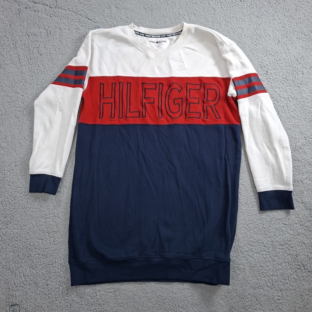 Tommy Hilfiger Women's Sweatshirt L Colorblock Spellout Logo Fleece Cozy 5630